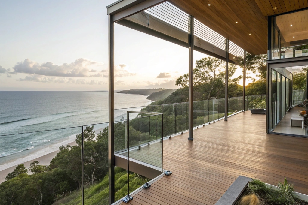 Modern elevated timber deck with glass balustrades