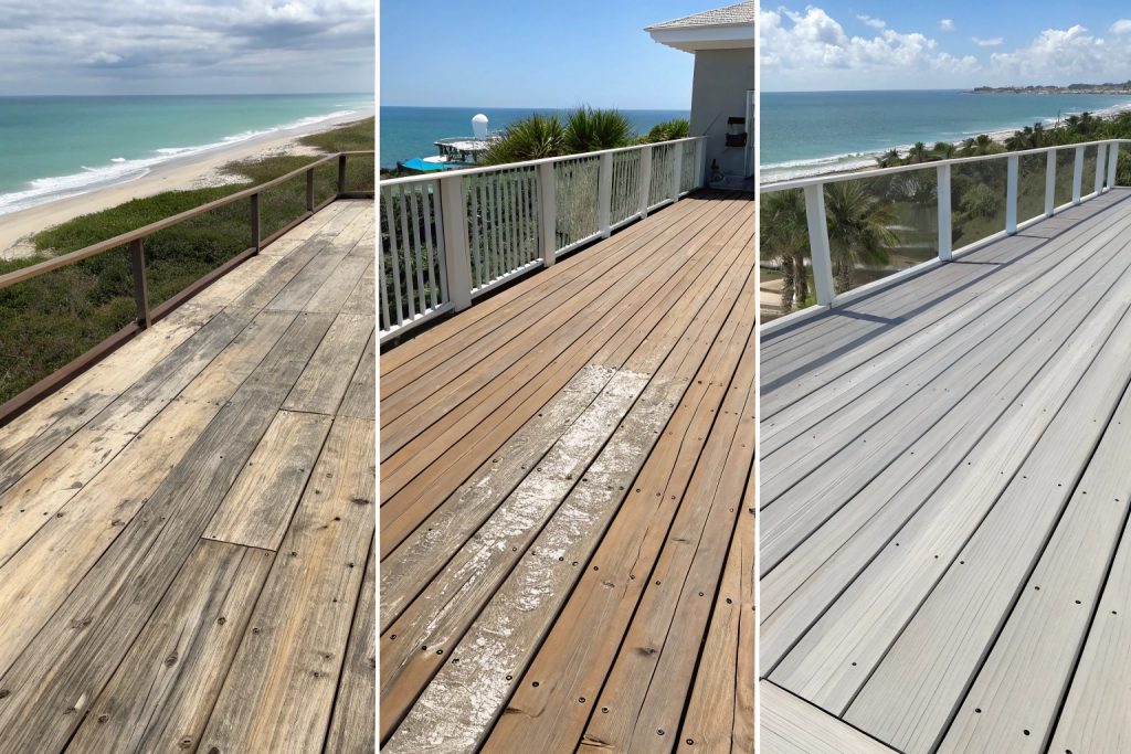 Comparison of weathered timber vs pristine composite and aluminum decking after 5 years Broadbeach coastal exposure