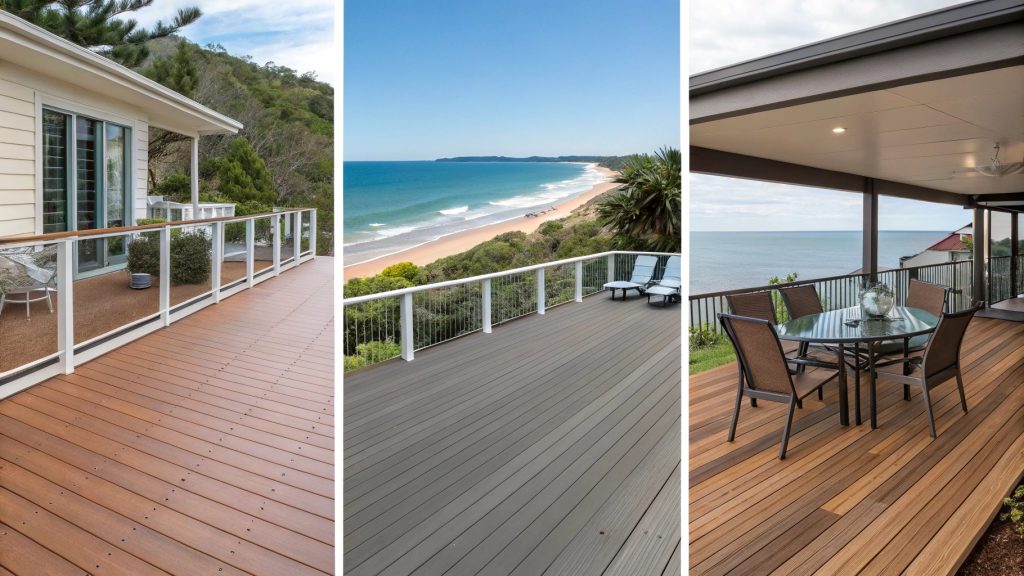 Split image showing four different decking materials