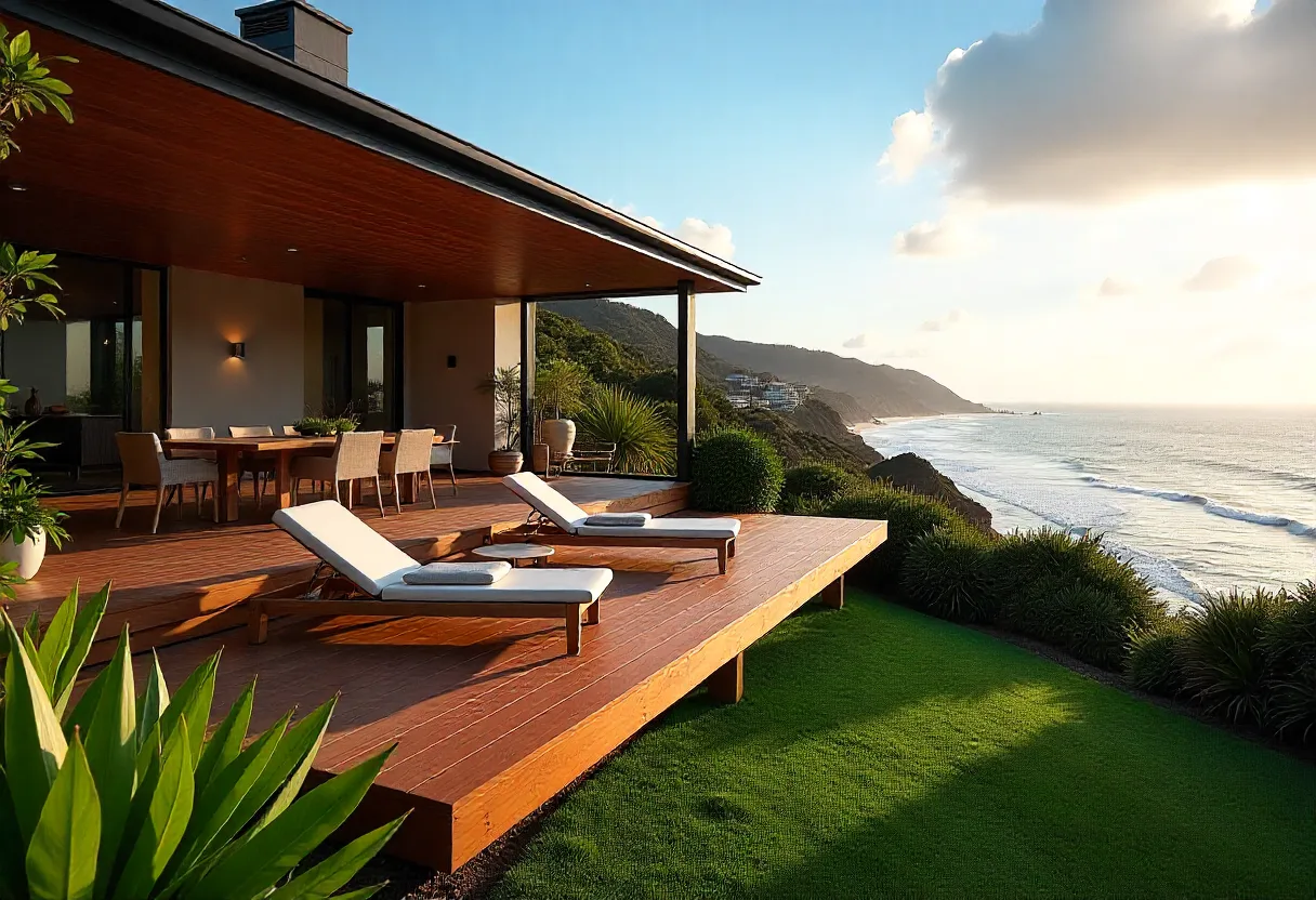Modern two-tier wooden deck on a sloping Gold Coast hillside property