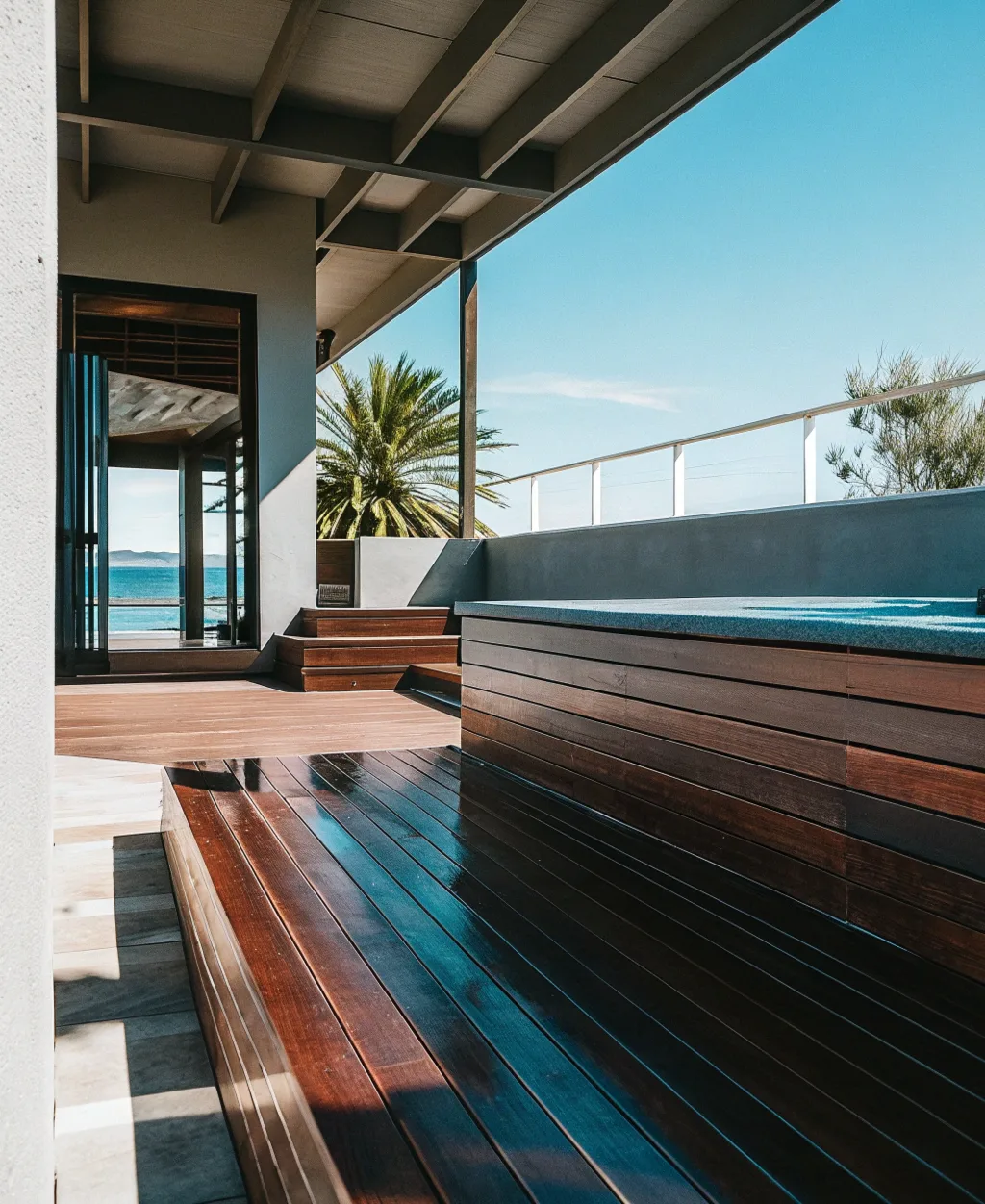 Reddish-brown Merbau timber deck with natural grain
