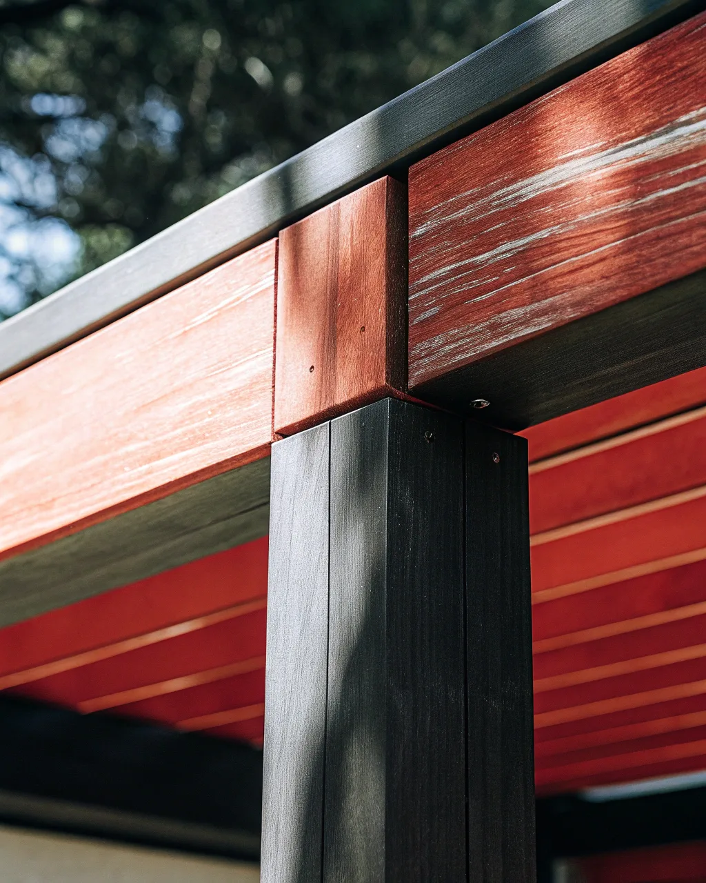 Close-up detail of a hardwood timber pergola