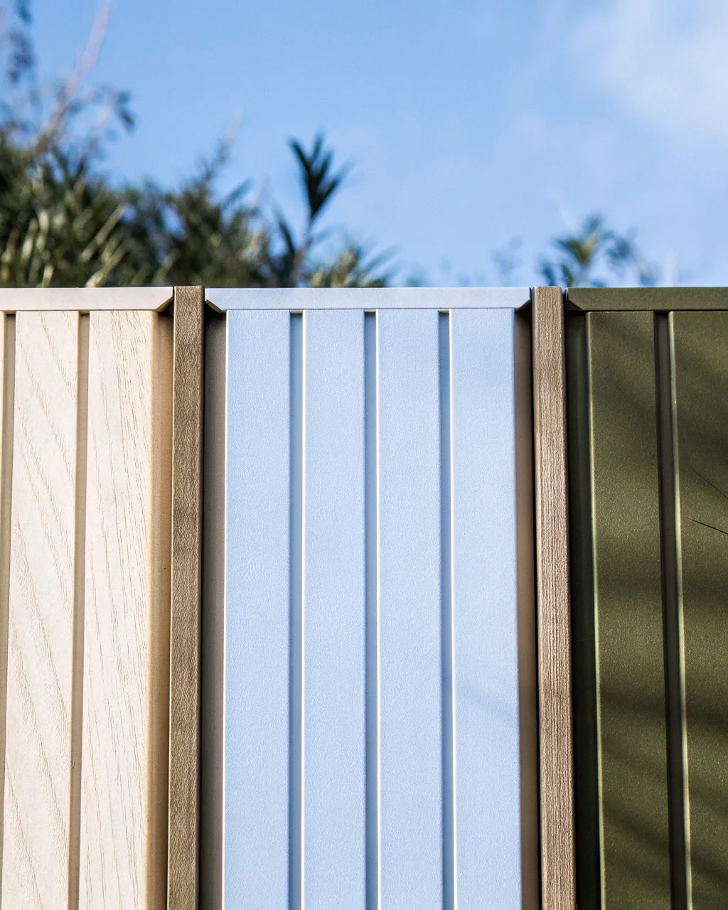 Close-up display of three different privacy screen materials