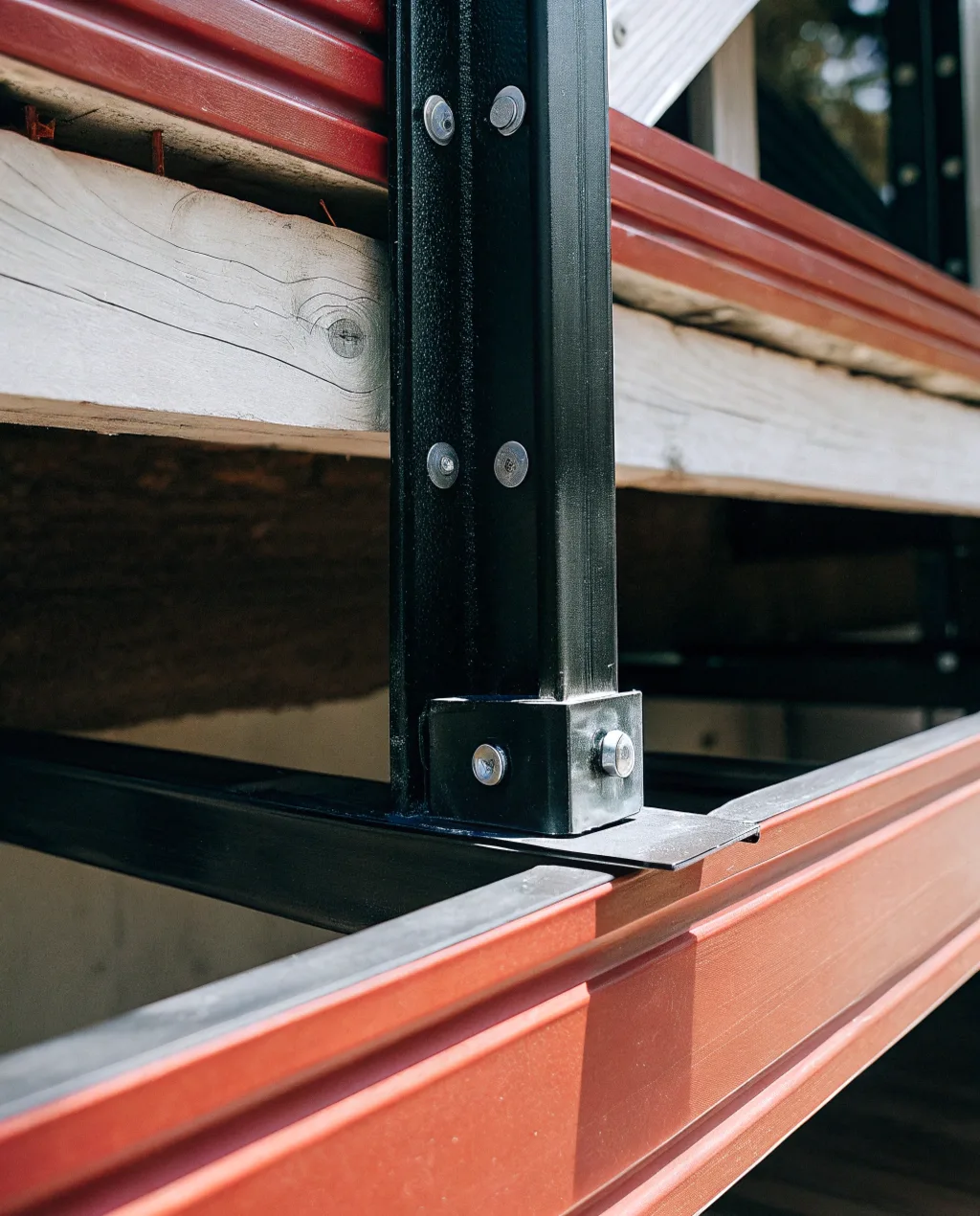Close-up view of balcony structural support beams