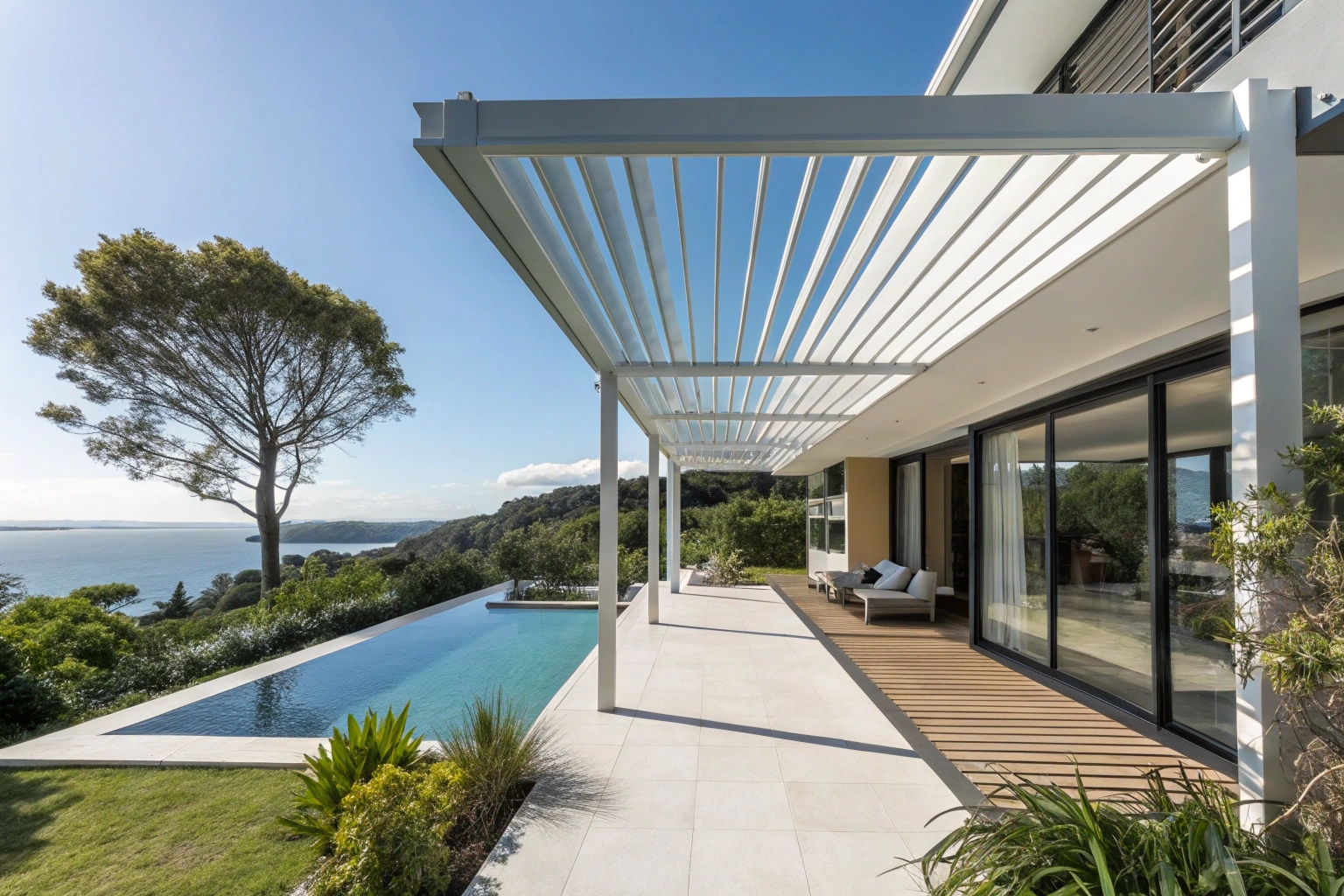 Modern aluminium pergola attached to Gold Coast home with pool