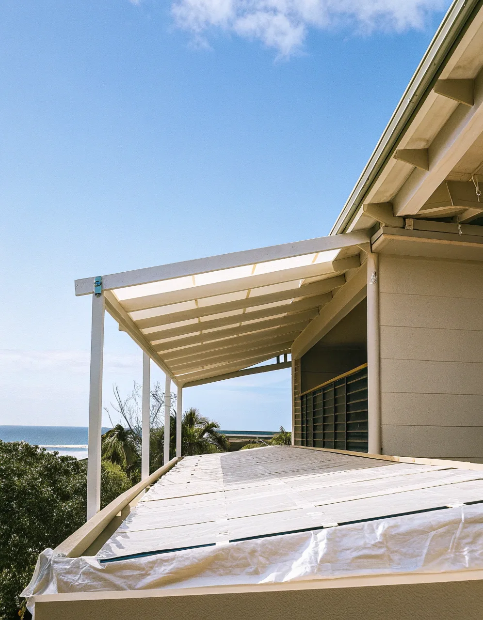Covered balcony with roofing and pergola structure