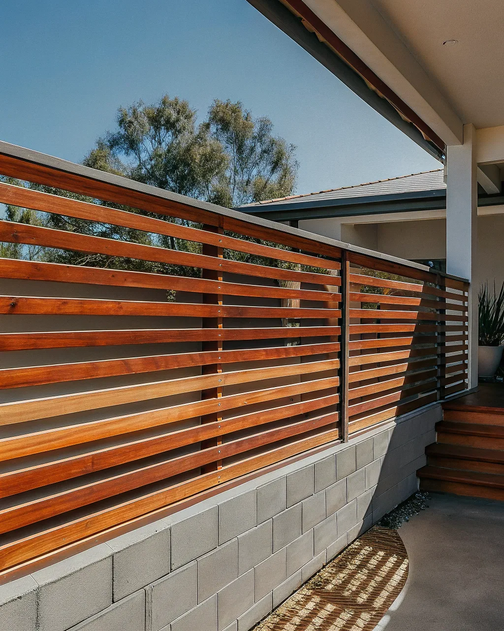 Deck privacy wall with horizontal slat design