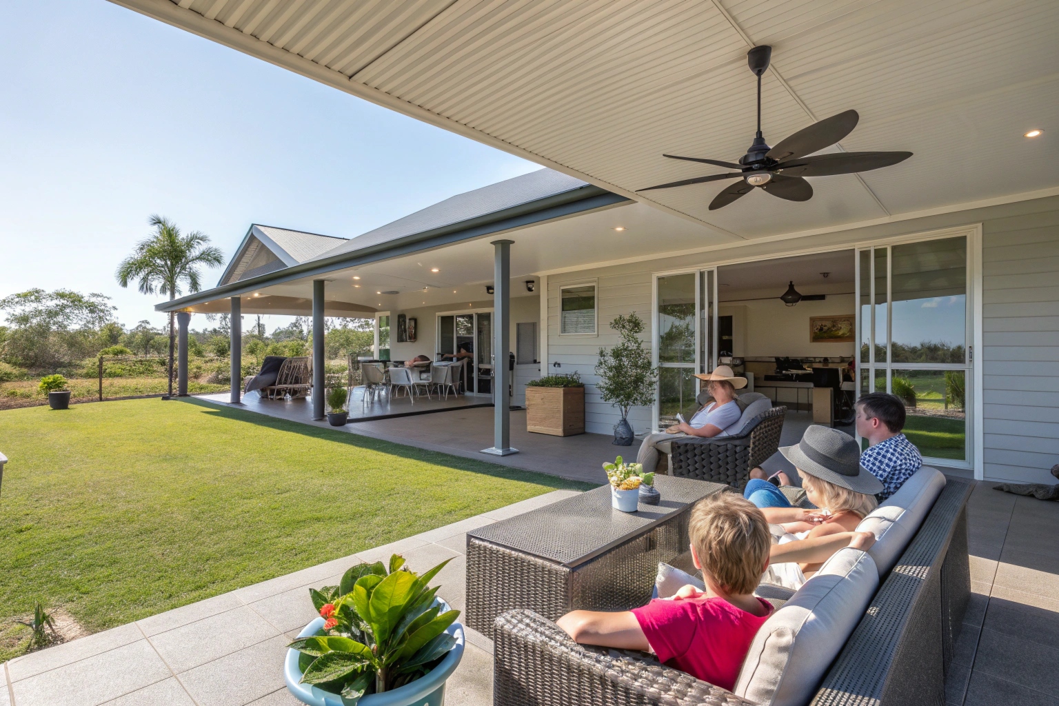 Family entertaining on custom patio Gold Coast outdoor living space