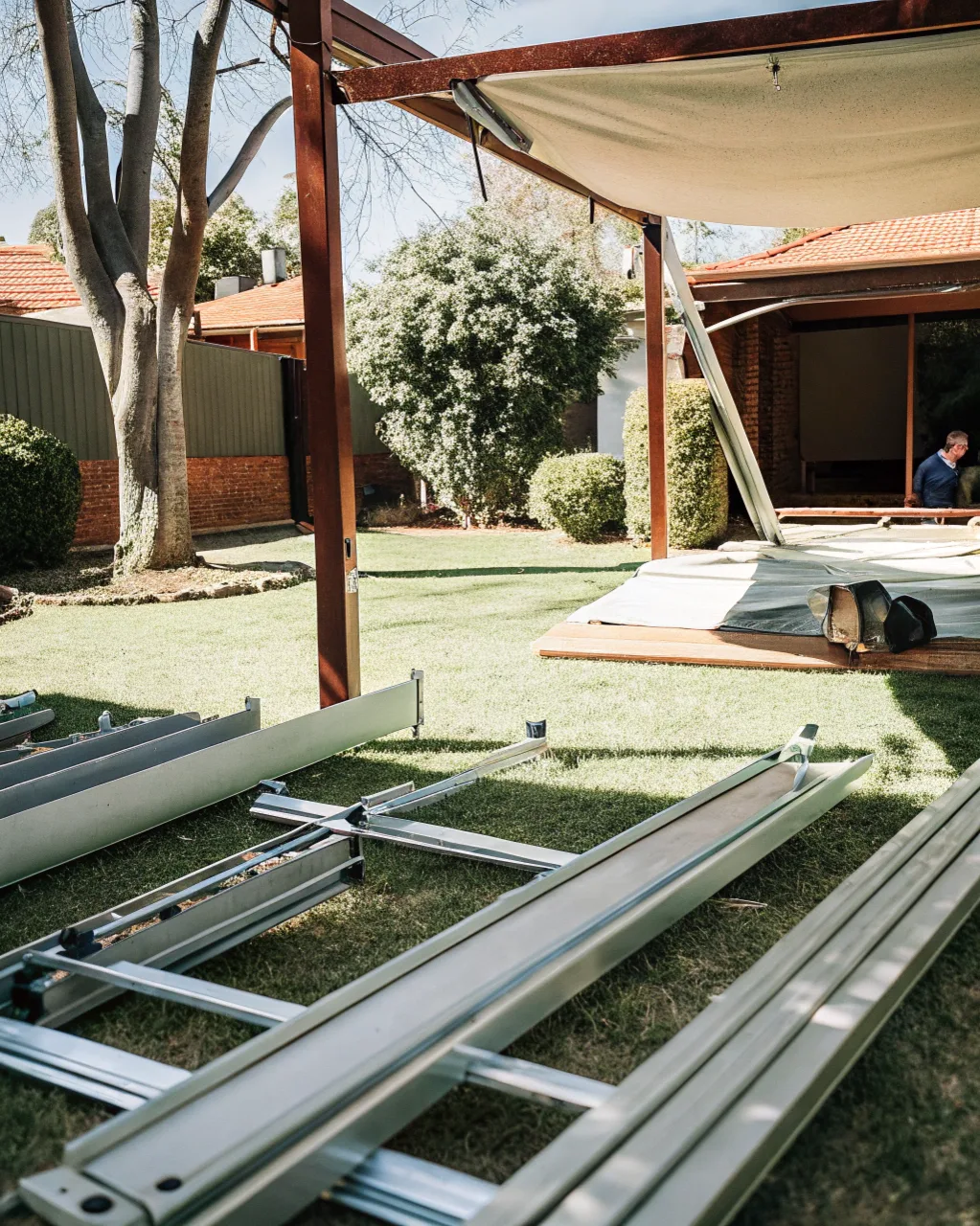 Flat-pack gazebo components laid out organised on site