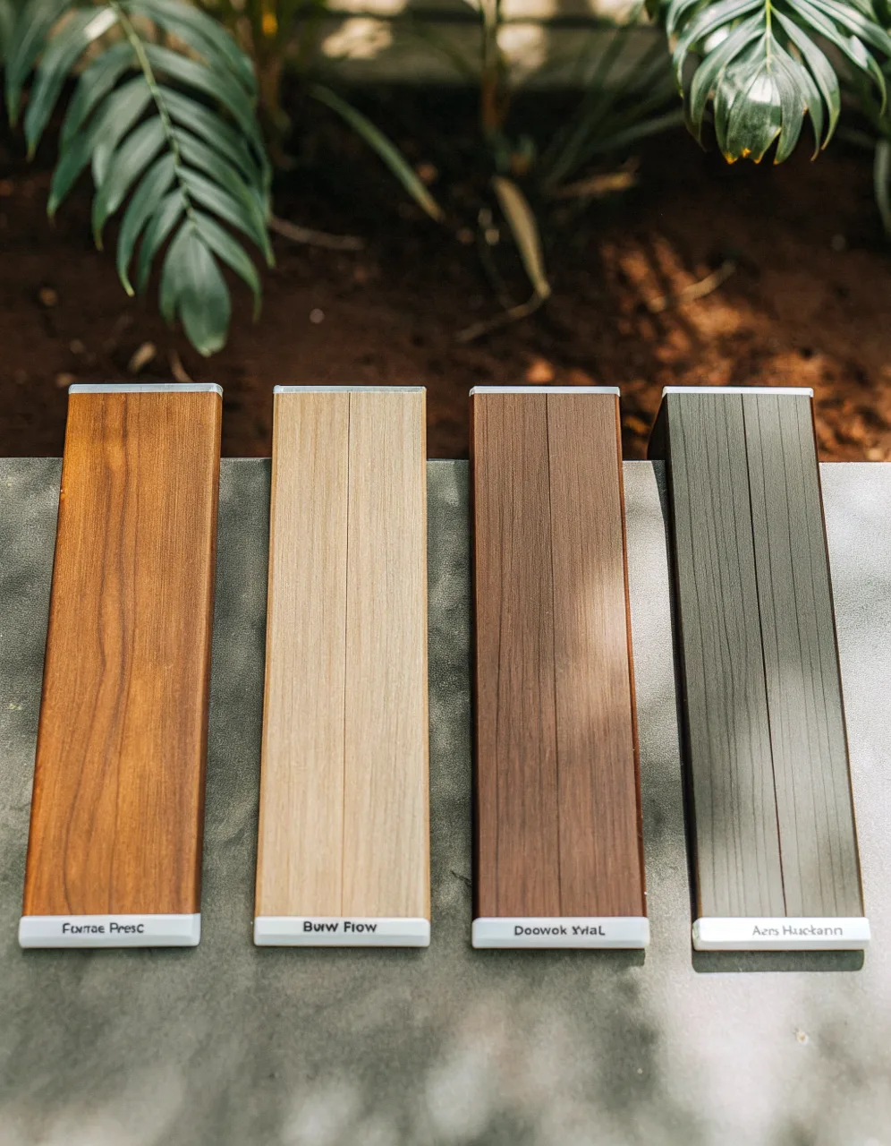 Four ModWood composite decking board samples displayed