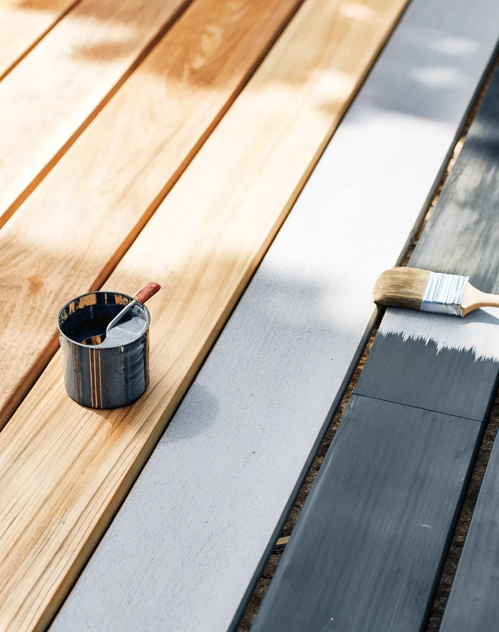Hardwood decking boards showing different finishing options