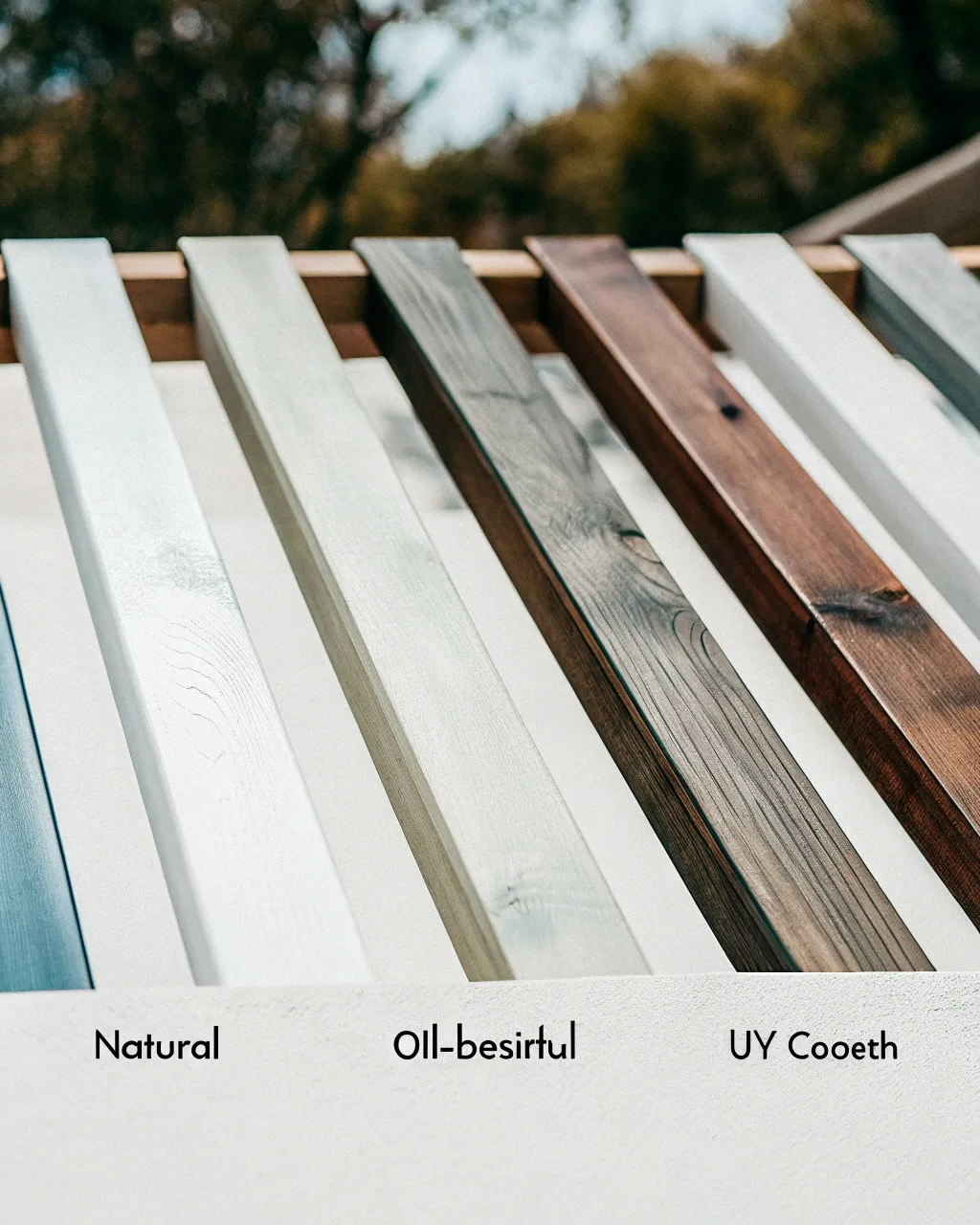 Timber pergola beams showing different finishing treatments