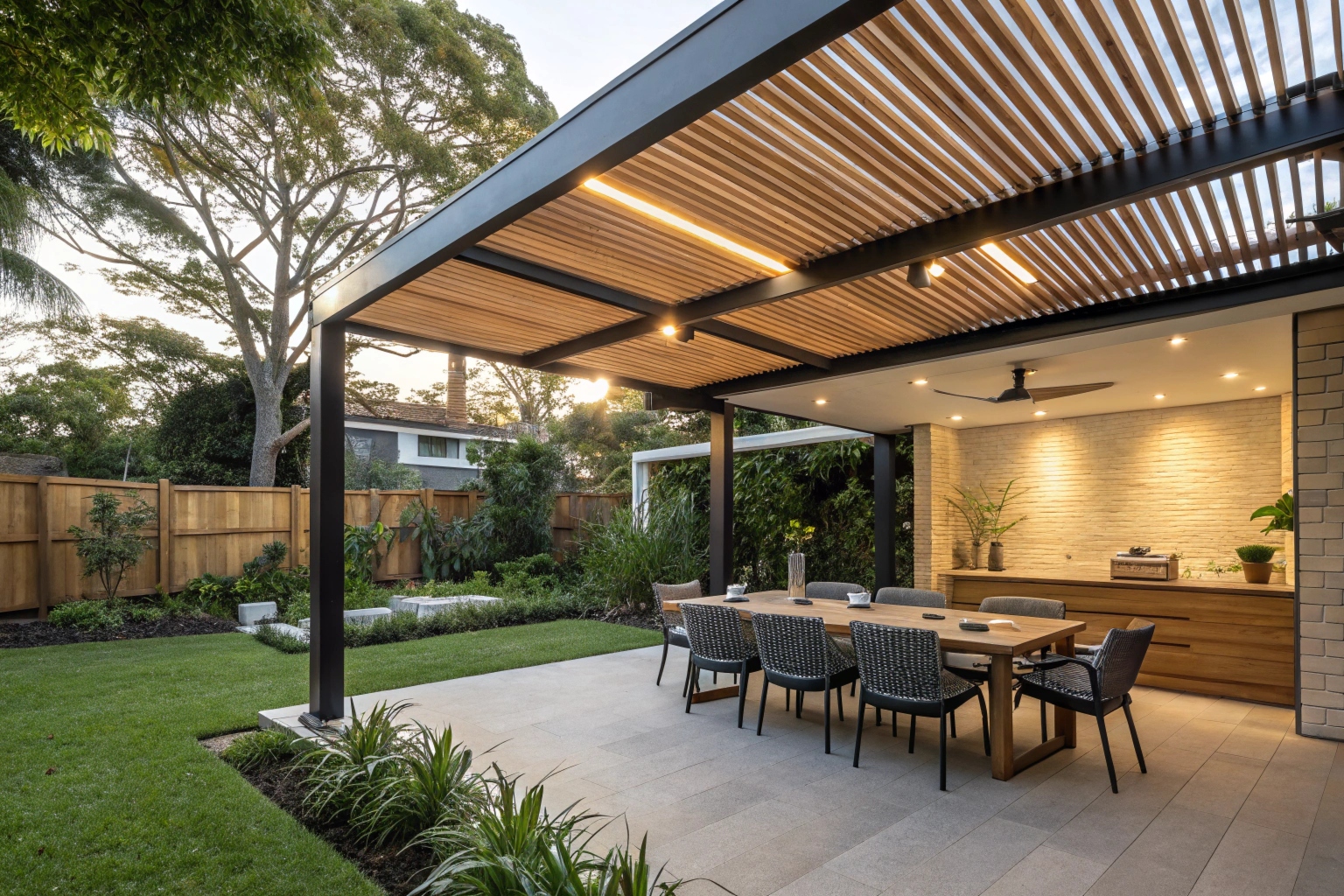 Custom timber pergola with outdoor dining area Gold Coast