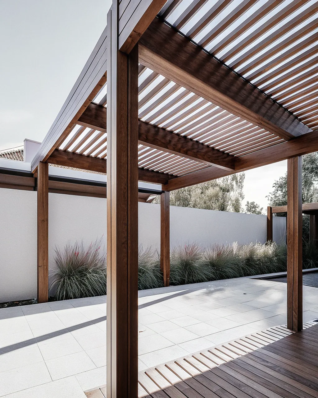 Modern timber pergola with slatted roof design