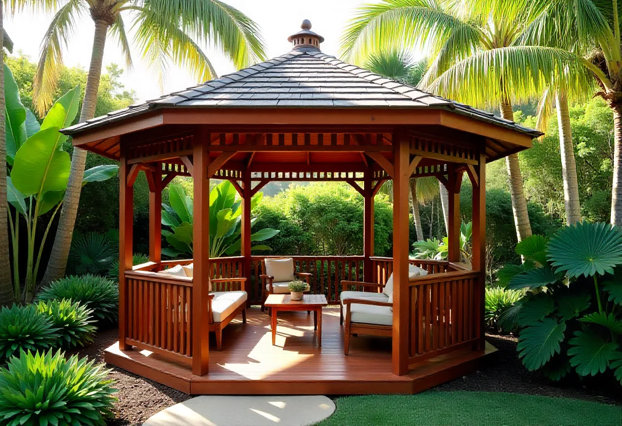 octagonal hardwood timber gazebo building in a lush