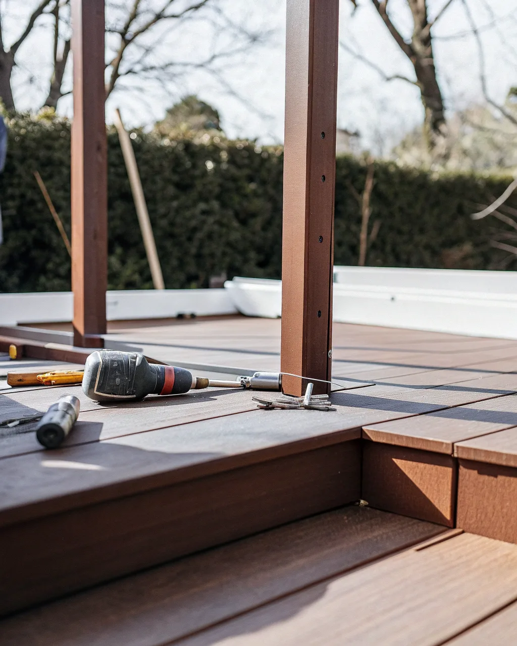 Professional deck builder pre-drilling Merbau hardwood boards