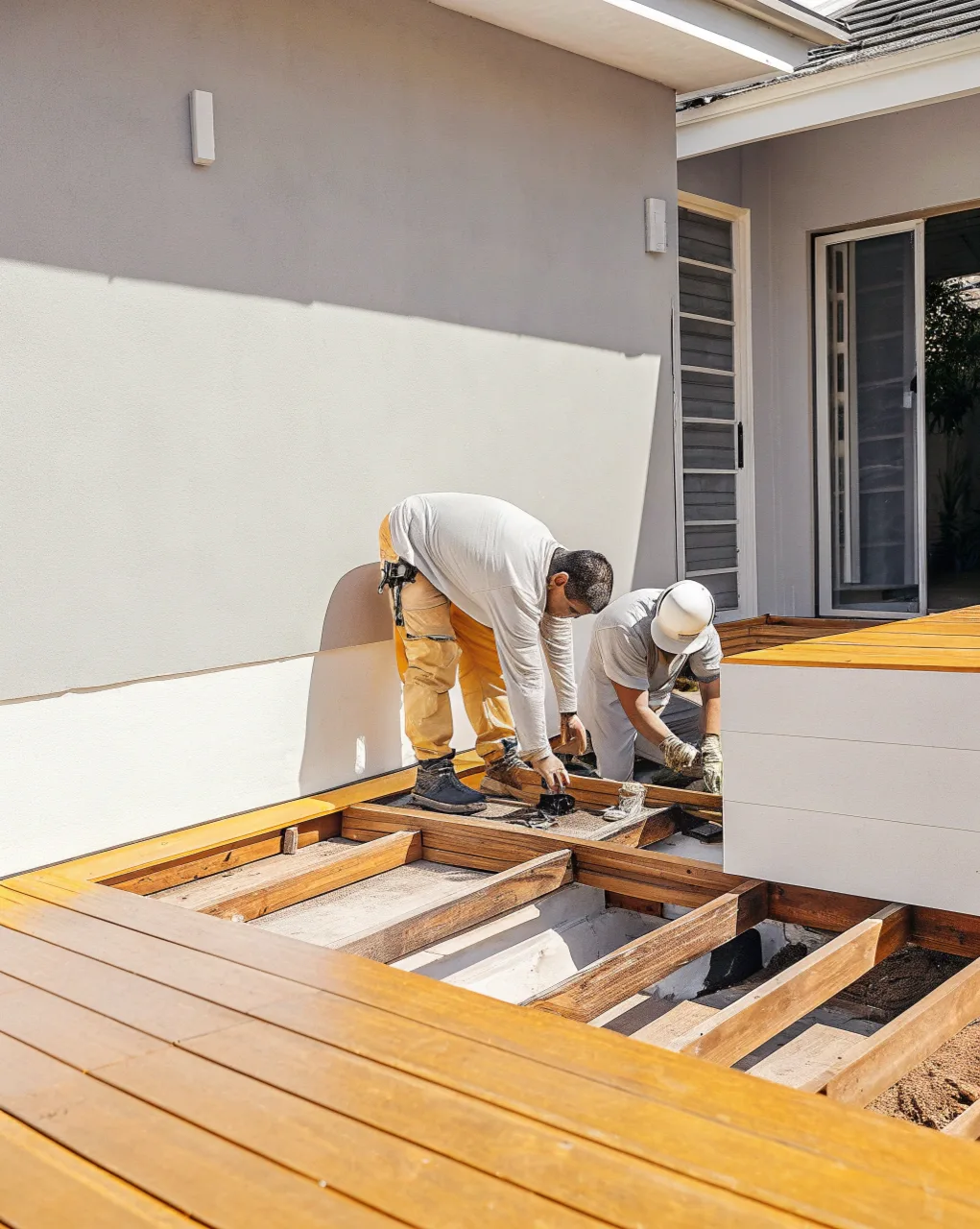 Professional deck builders demolishing an old weathered deck