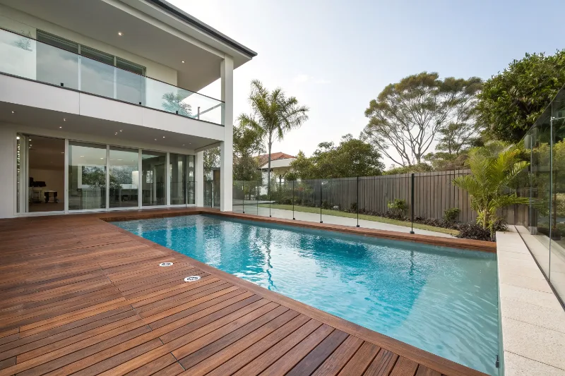 Hardwood timber pool decking Gold Coast with Merbau timber surrounding residential pool