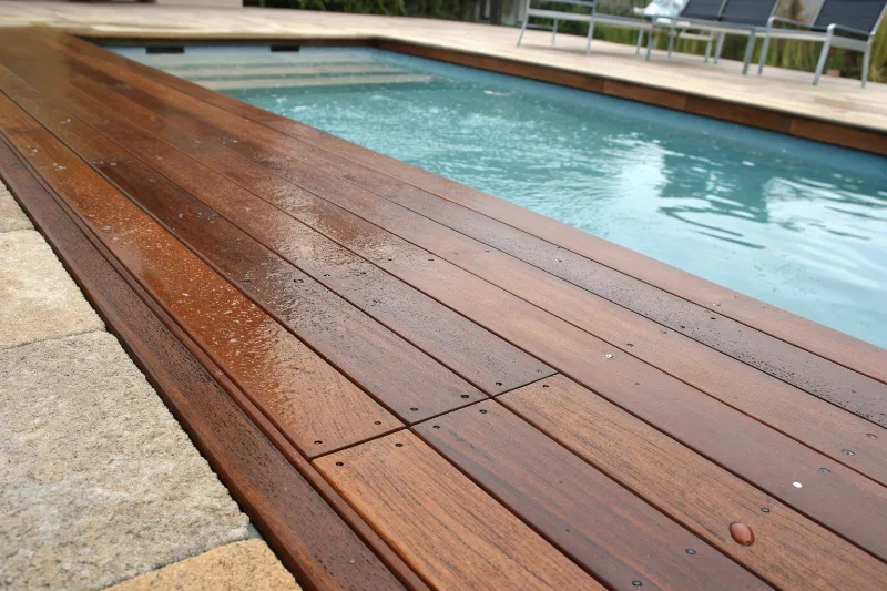 Composite pool decking installation around residential swimming pool on Gold Coast