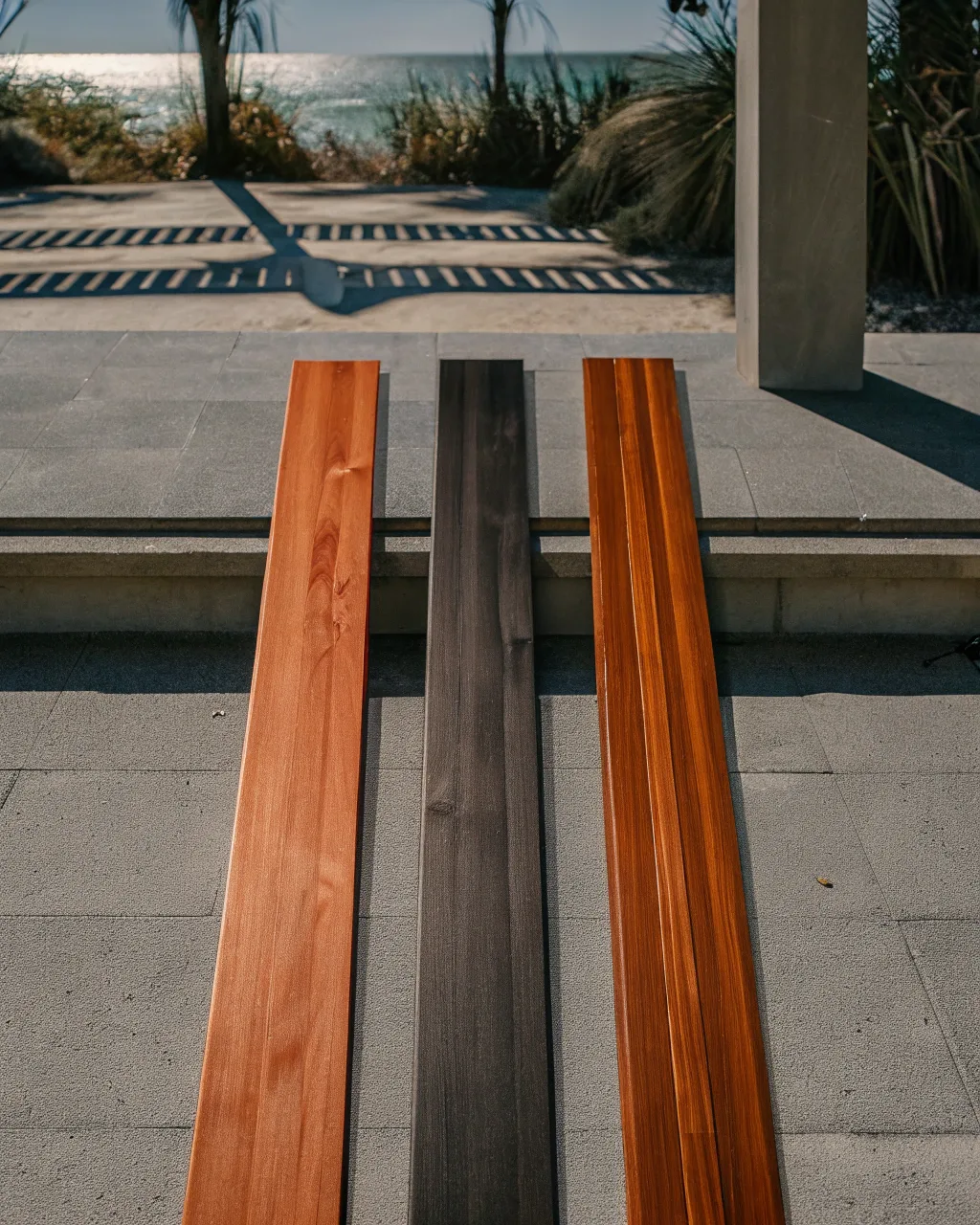 Treated pine deck boards displayed in three different finishes