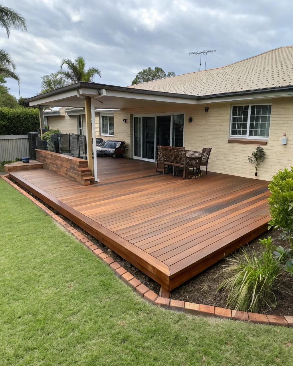 A residential L-shaped timber deck wrapping around a home in Elanora