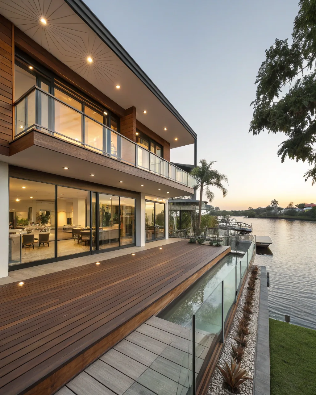 Wide-angle exterior photograph of a large multi-level deck in Broadbeach Waters