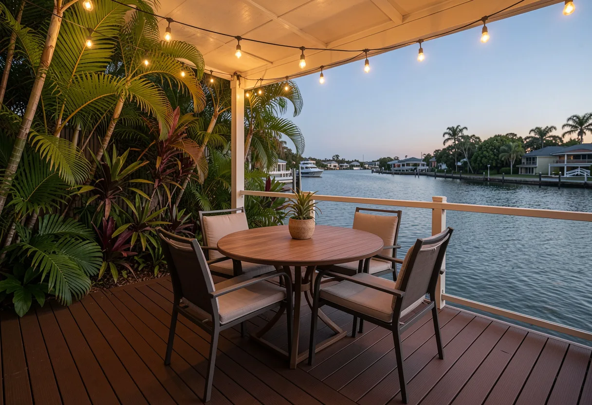 alfresco outdoor dining setting on a composite deck