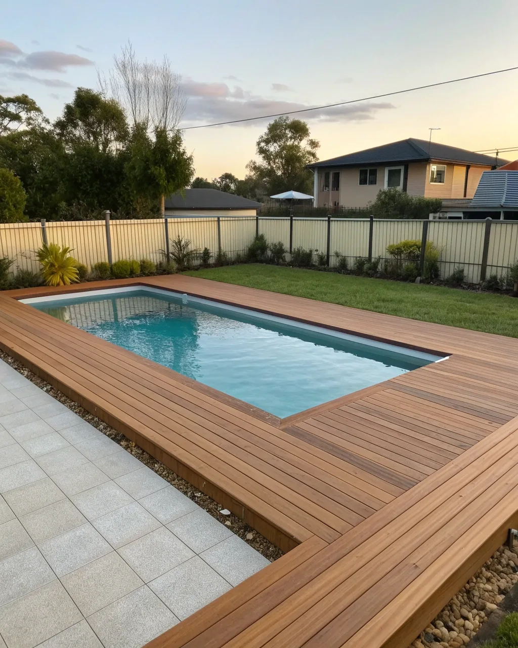 A residential pool deck in a well-maintained suburb